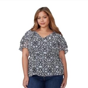 Lane Bryant Blouse Women's 28 Top Black White Ruffle Flutter Sleeve V-neck Lined
